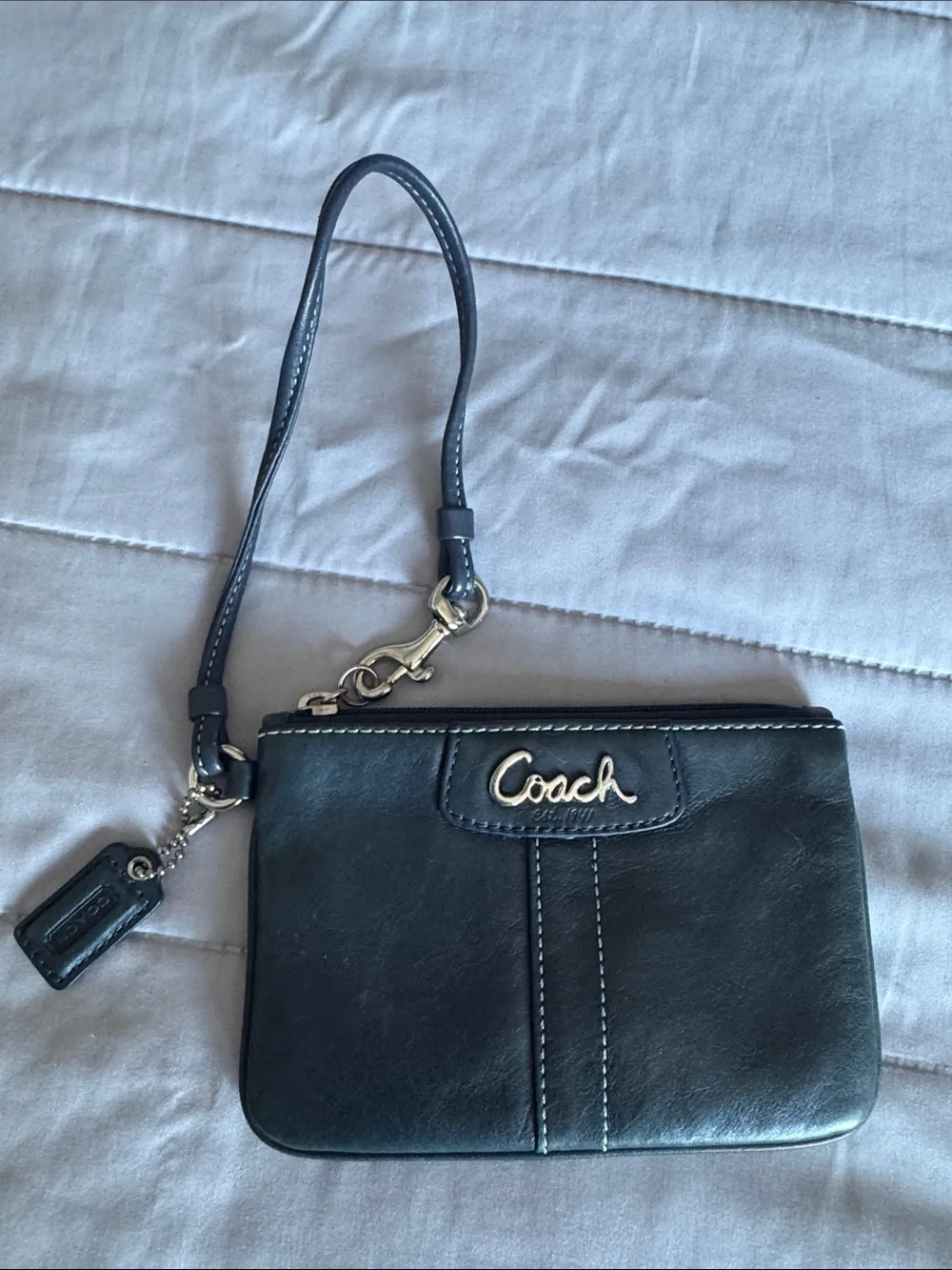 Coach Navy Leather Wristlet with Silver Hardware